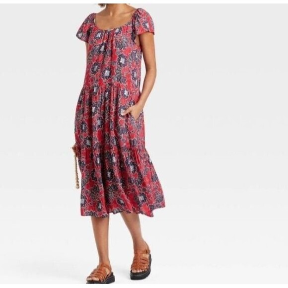Knox Rose Dresses & Skirts - Knox Rose Red Floral Flutter Sleeve Midi Dress -Womens XS - NEW